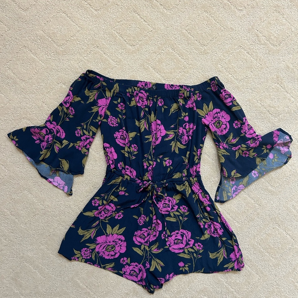 Express Floral Off-Shoulder Romper in Navy and Pink